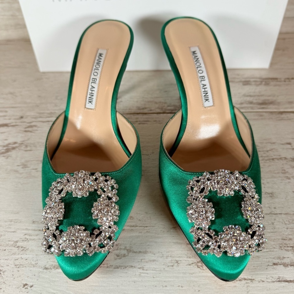 Manolo Blahnik Size 36 Green Hangisi Hangisimu Heeled Mules Satin 70MM NEW - Picture 5 of 16